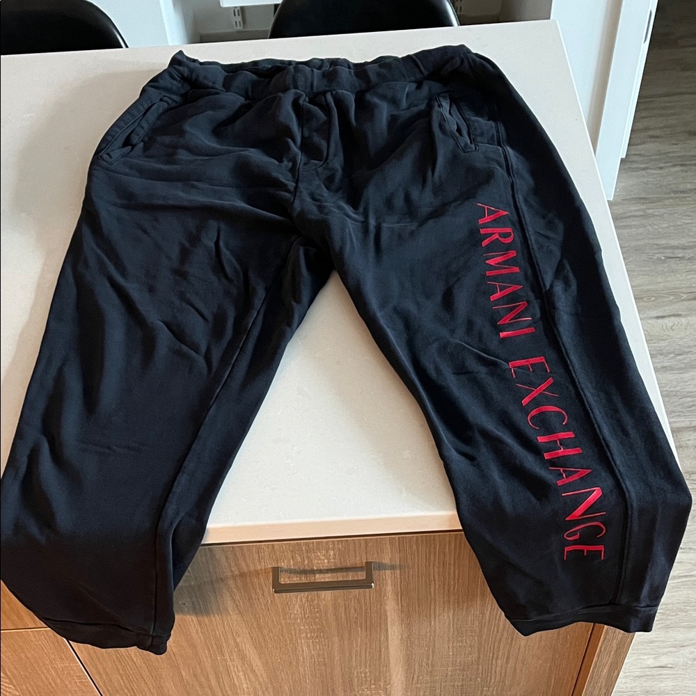 Armani Exchange Men's Black Joggers with Red Logo